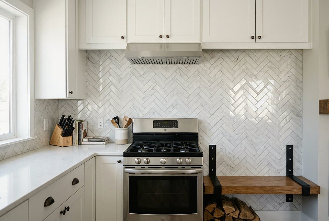 Herringbone marble backsplash behind a stainless gas range