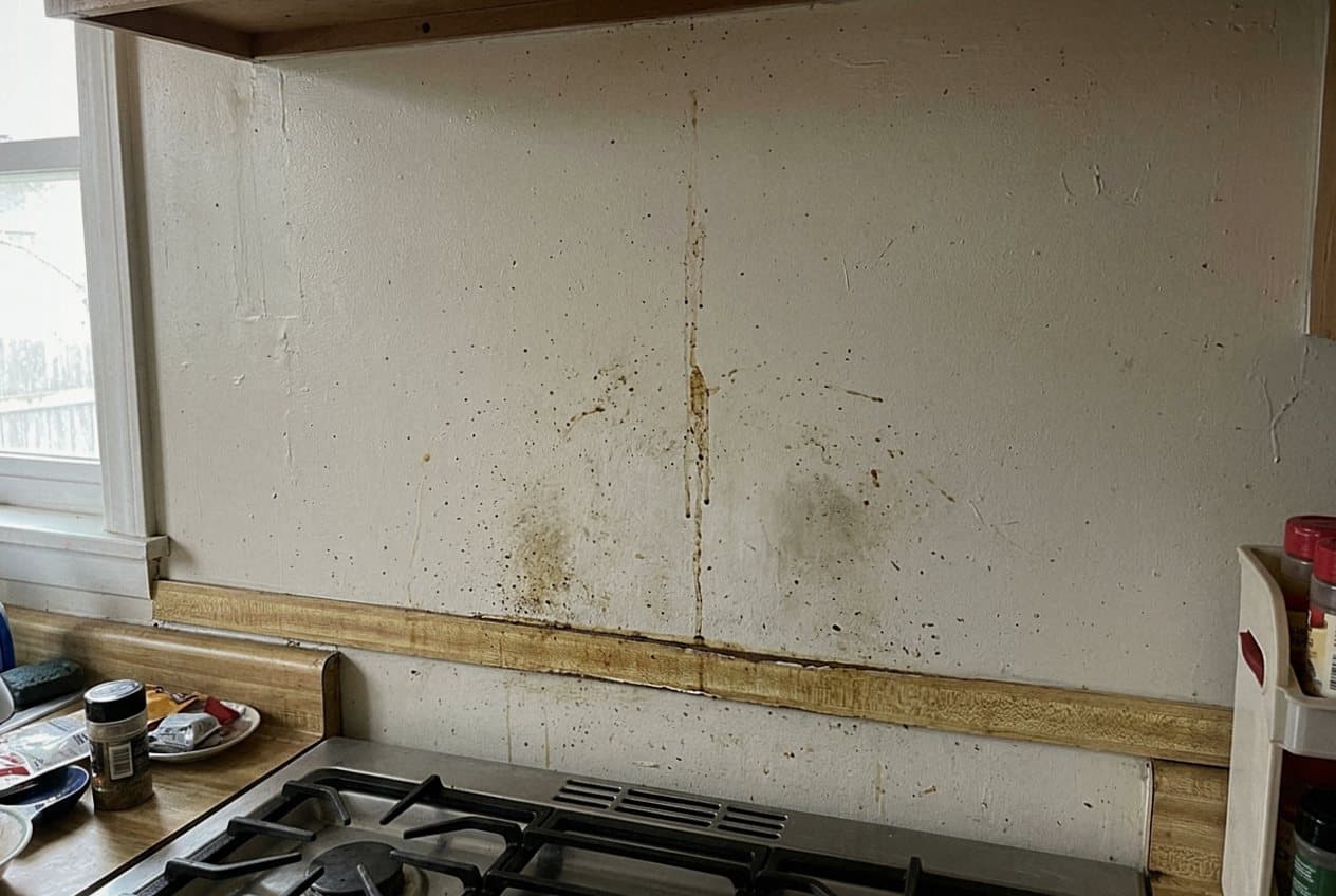 Stained bare wall behind an old gas range