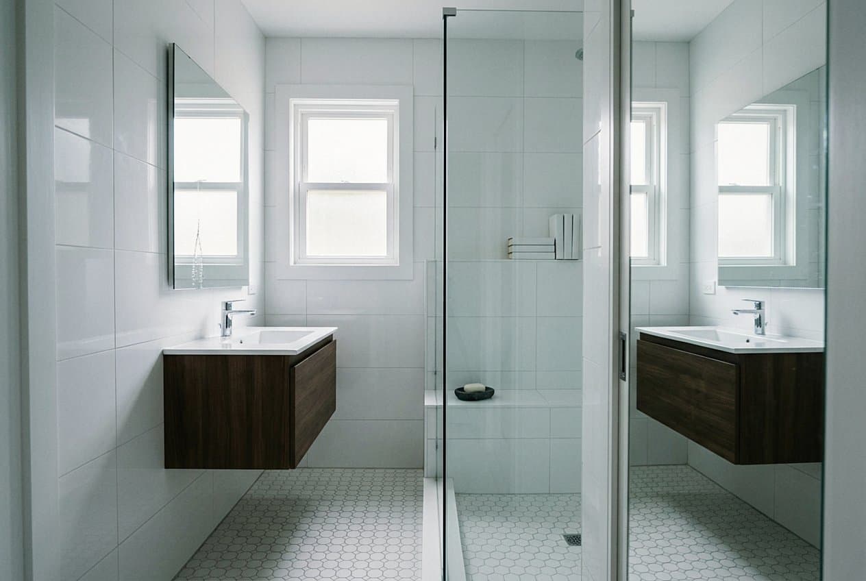 Bright white tiled bathroom with glass shower and vanity