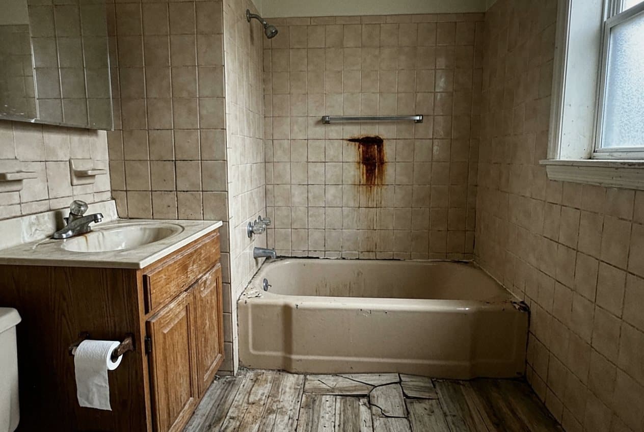 Dated tan tile tub surround with a rust stain