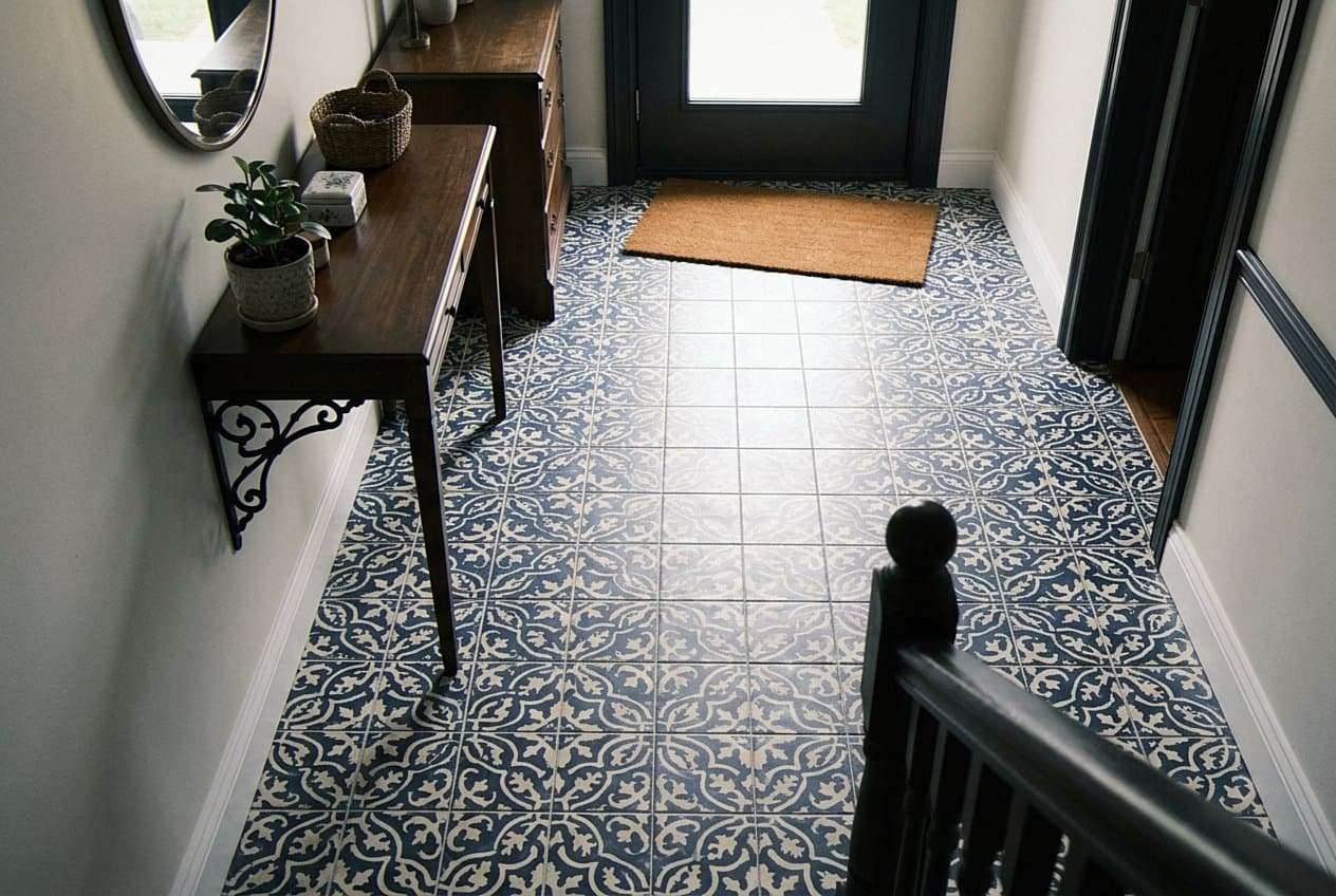 Patterned blue and white tile in a home entry