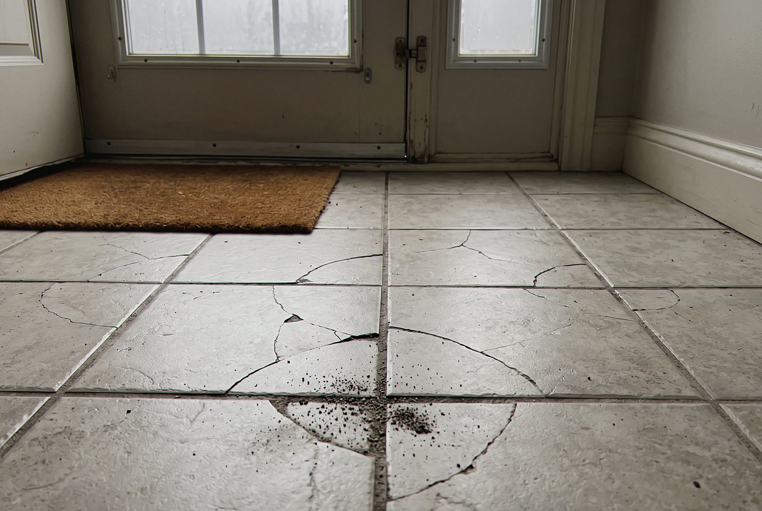 Cracked gray entry tile beside a coir doormat