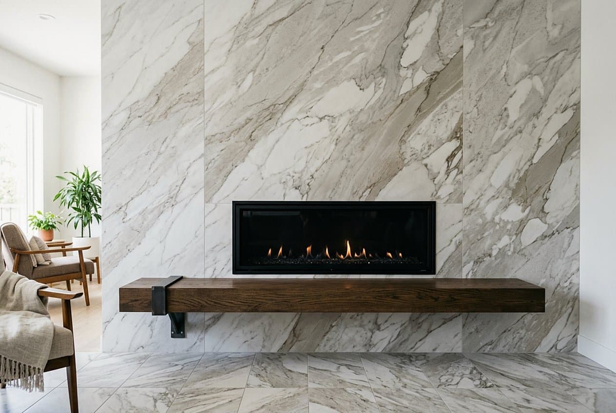 Marble slab fireplace wall with a floating wood mantel