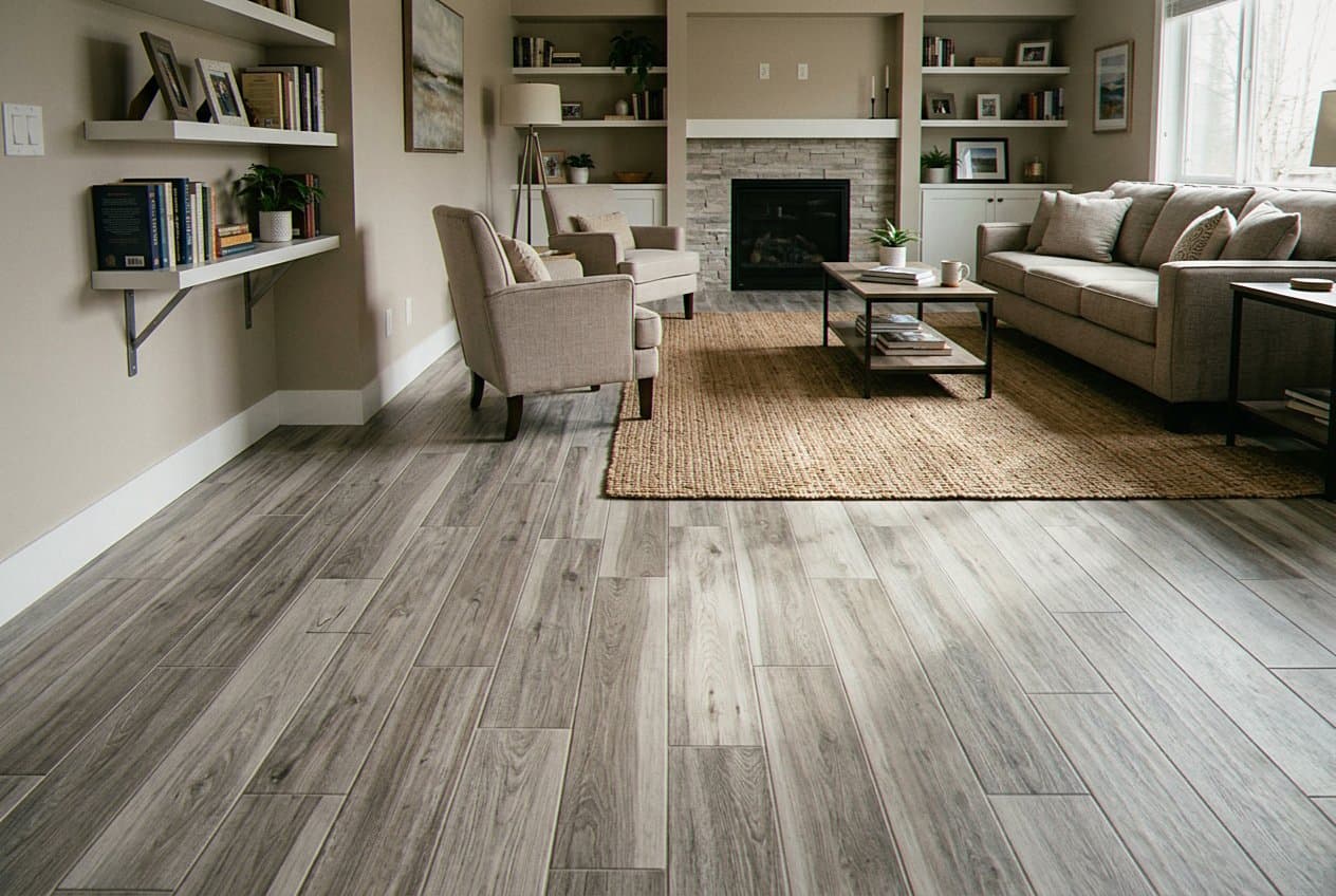 Gray wood-look plank floor in a furnished living room
