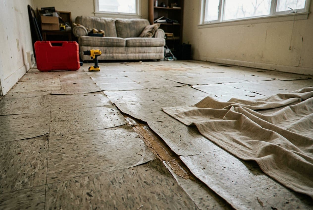 Torn-up subfloor with a drop cloth and toolbox