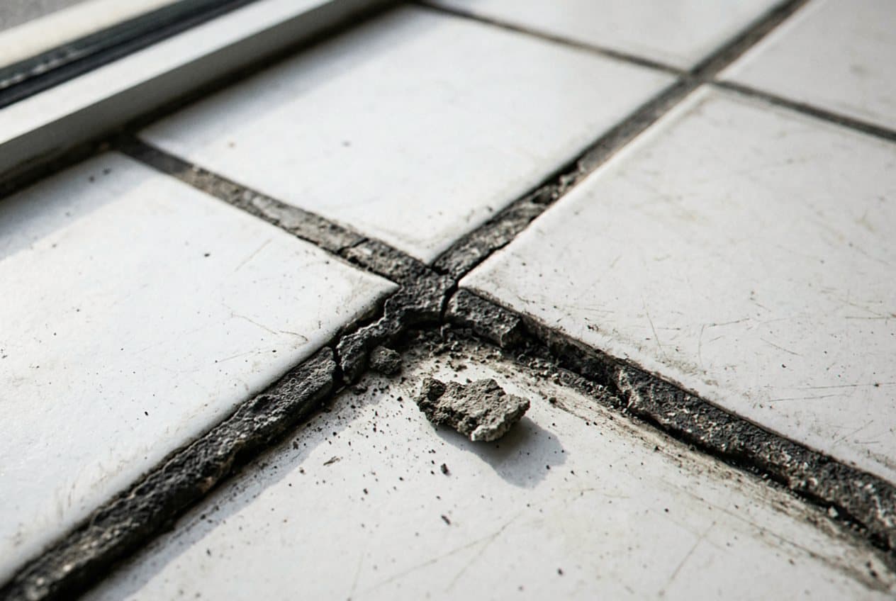 Cracked crumbling grout with loose debris at a corner