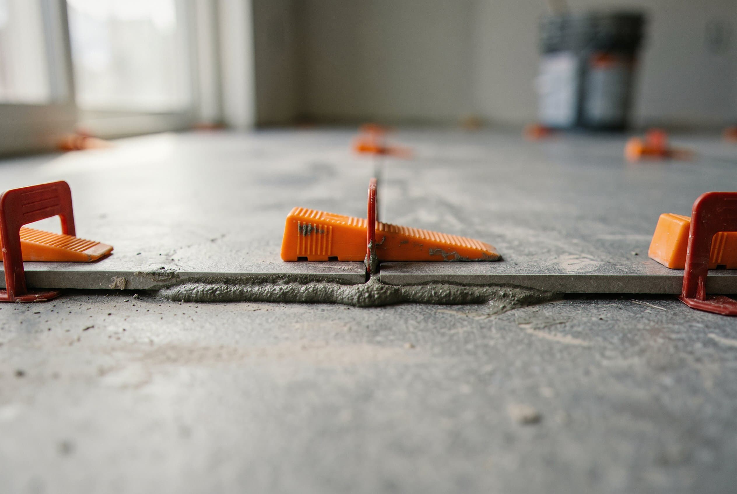 Orange leveling clips between large mortar-set floor tiles