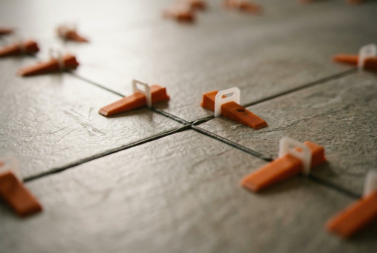 Leveling clips holding large stone-look floor tiles flat
