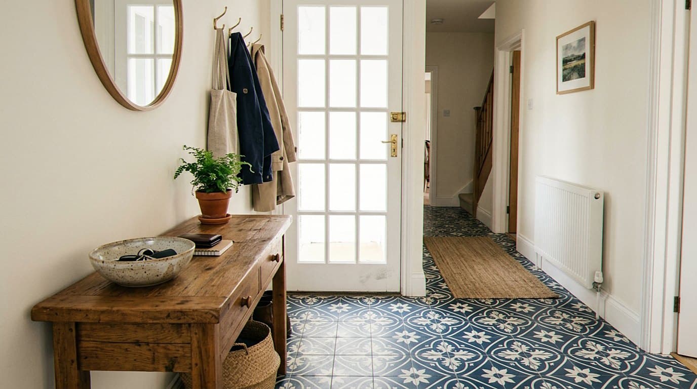 Patterned blue tile hallway leading to a front door