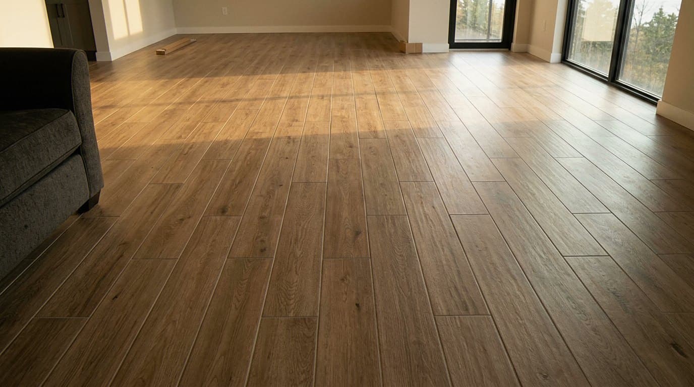 Wood-look plank tile floor in a sunlit living room