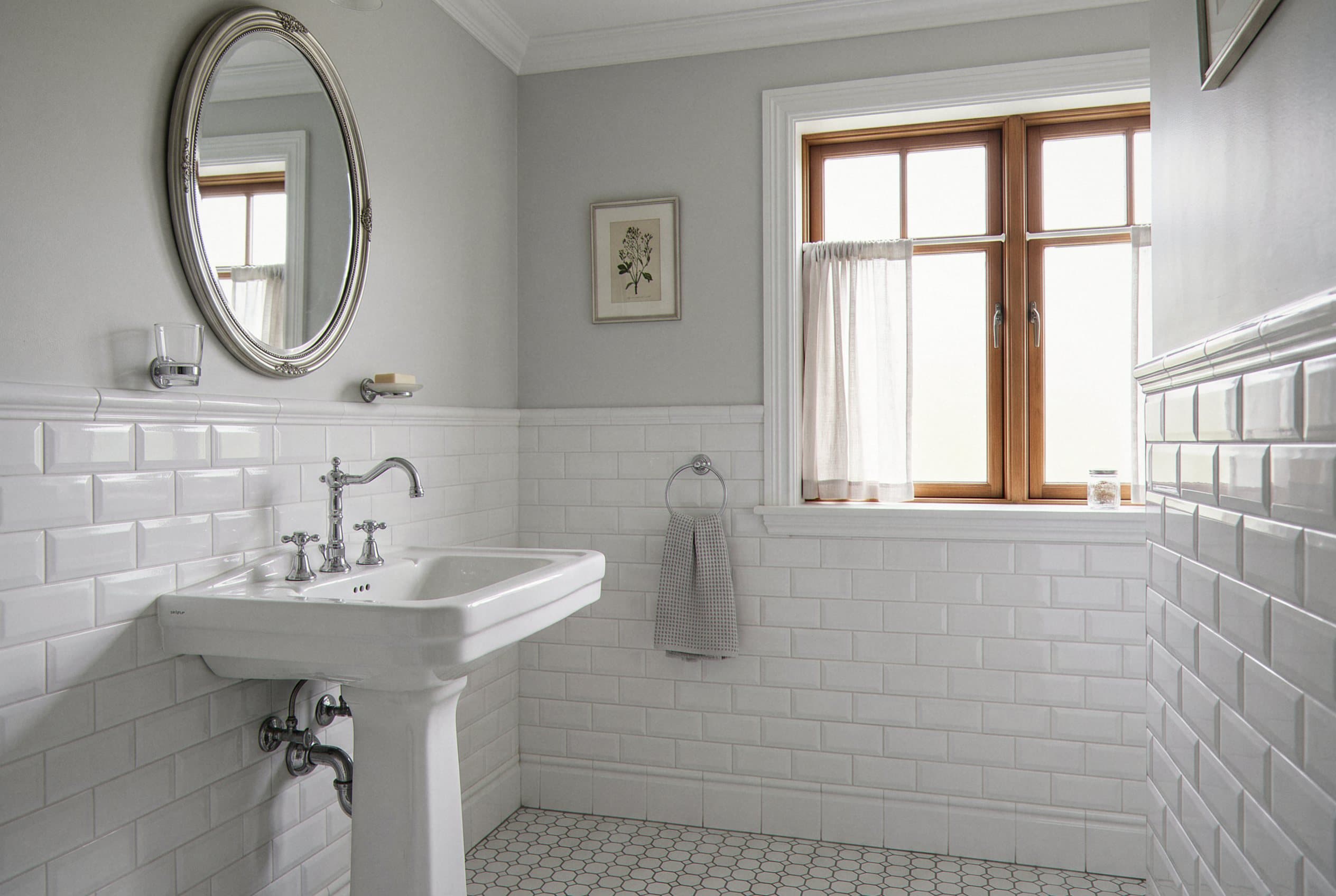 White subway tile bathroom with hexagon floor and window