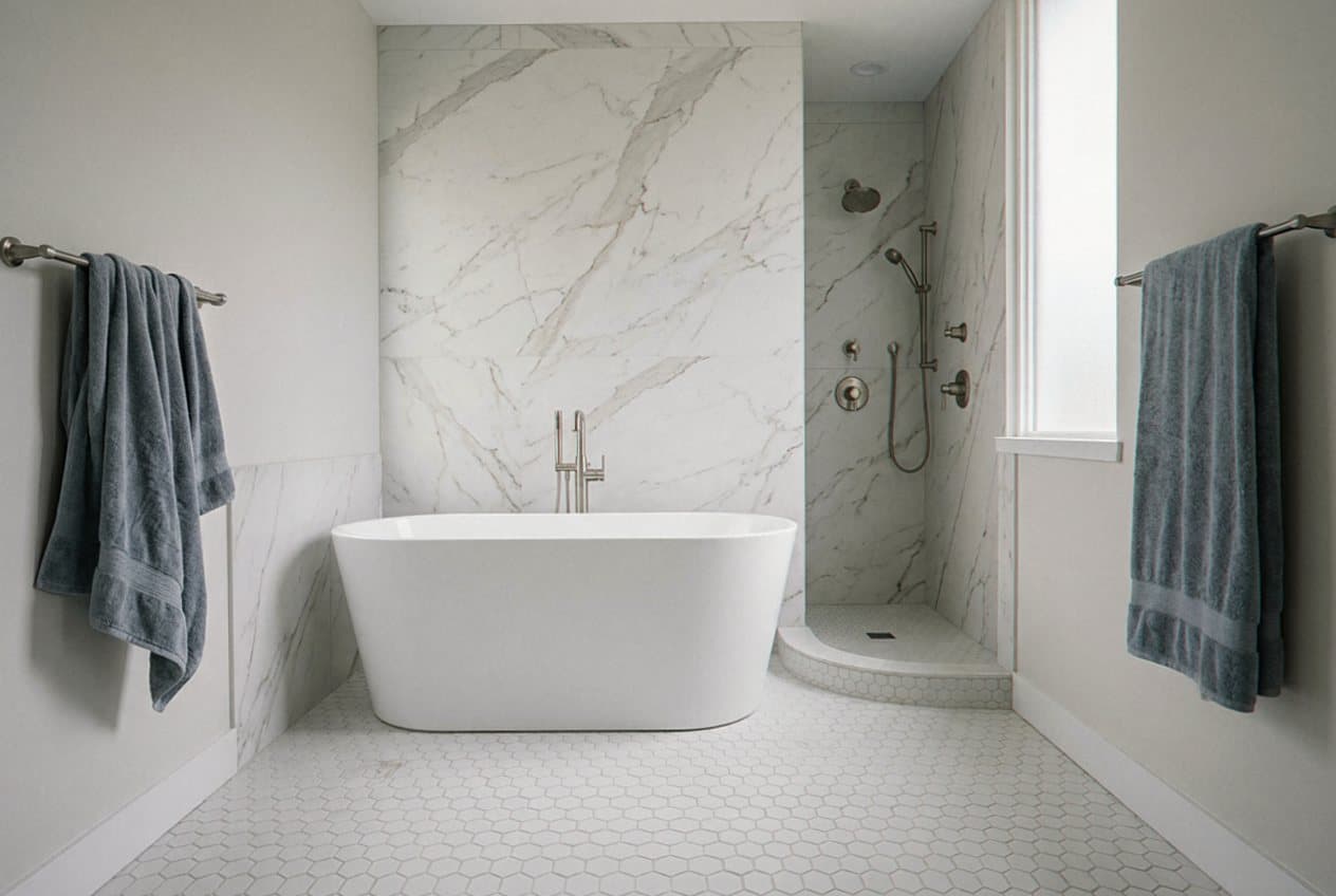 Marble bathroom with freestanding tub and glass shower