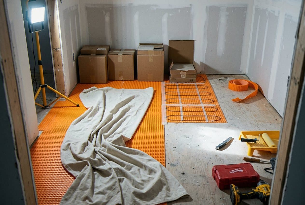 Heated floor mat wired across a subfloor mid-renovation
