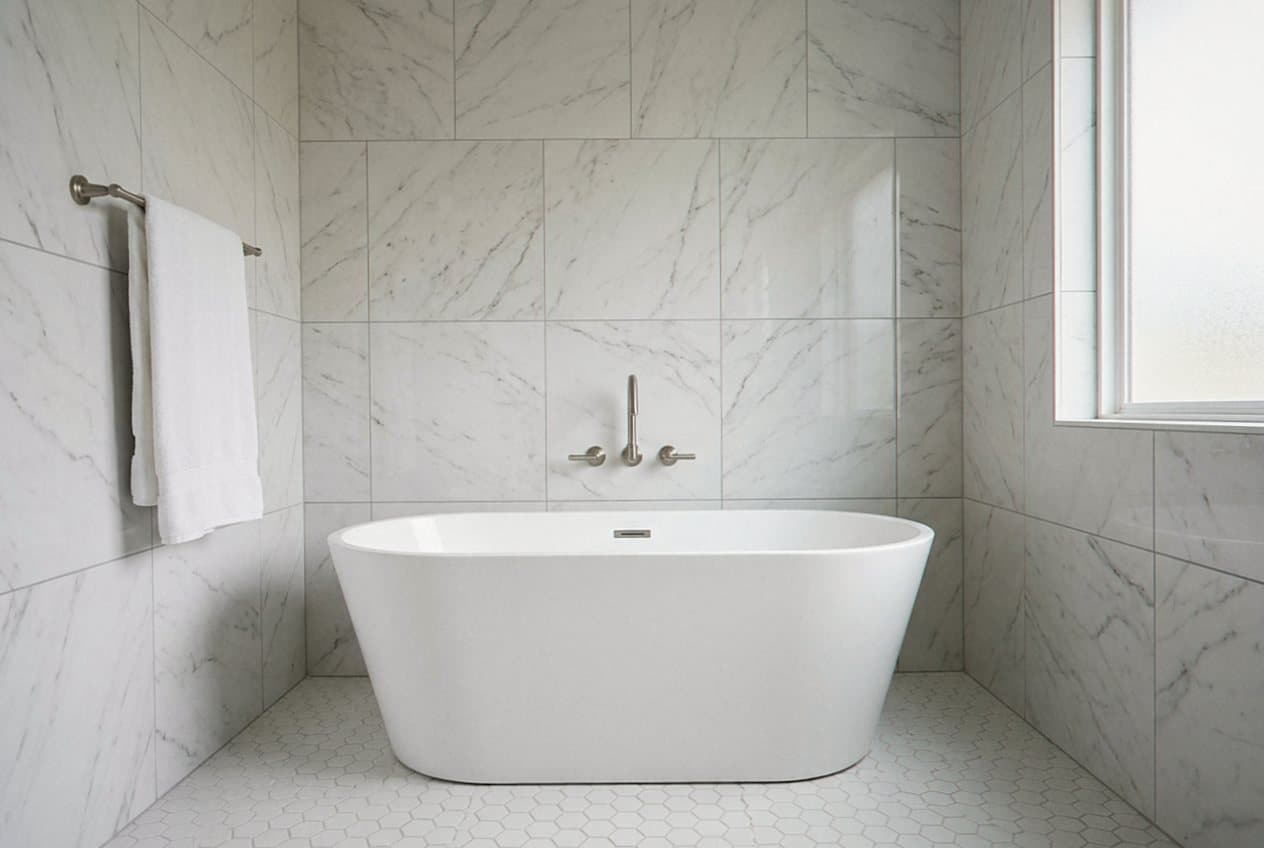 Marble-tiled tub alcove with a wall-mounted faucet
