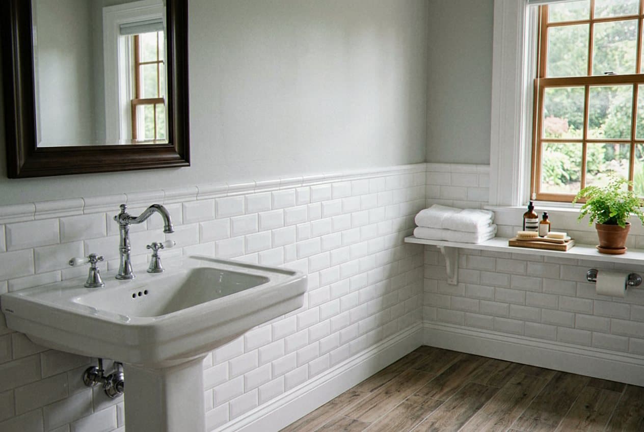 Subway tile wainscoting in a bathroom with wood floor