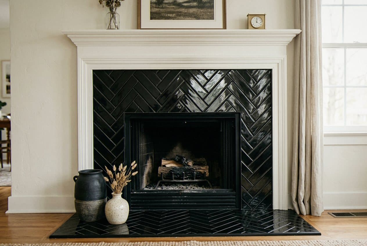 Black herringbone tile surround around a lit fireplace