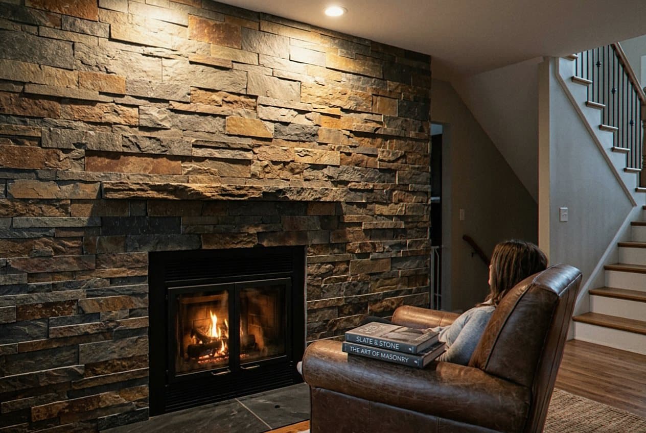Stacked stone fireplace wall beside a staircase