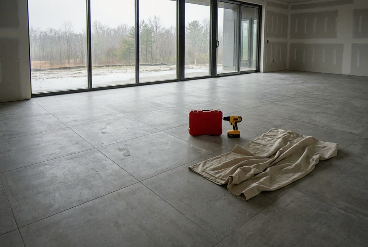 Large gray tile panels in an empty sunlit room