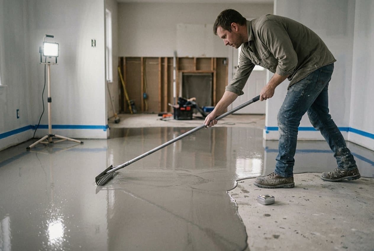 Worker spreading self-leveling compound across a gutted room