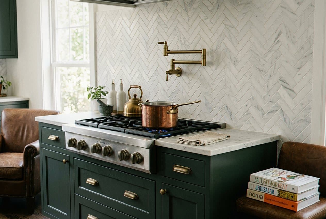 Marble herringbone backsplash behind a brass pot filler