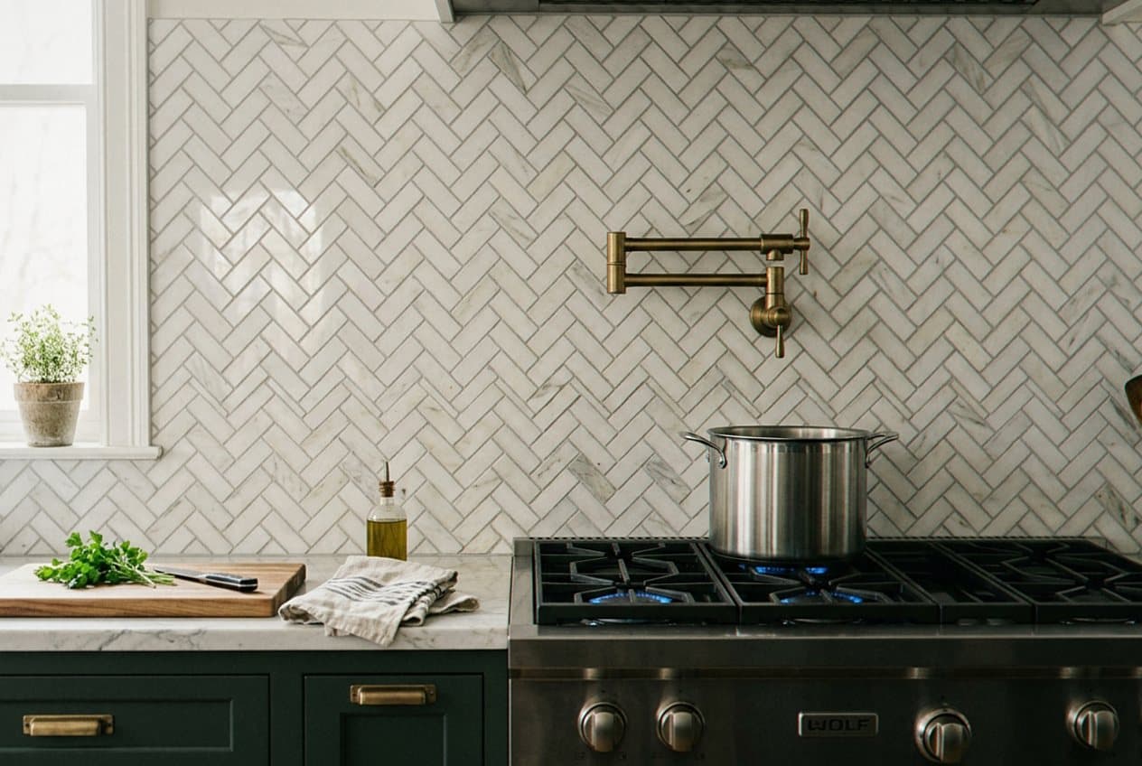 Herringbone marble backsplash behind a stainless range