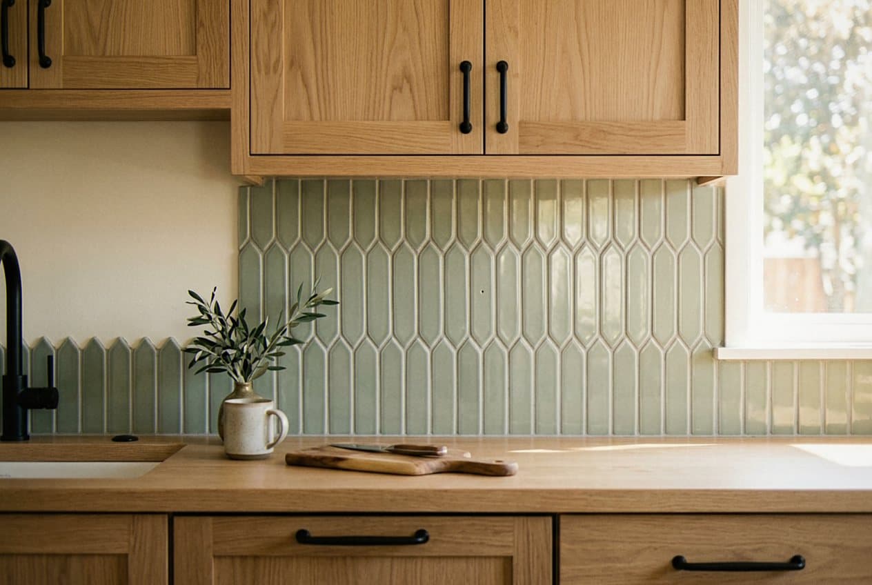 Sage green picket-shaped tile backsplash over wood counter