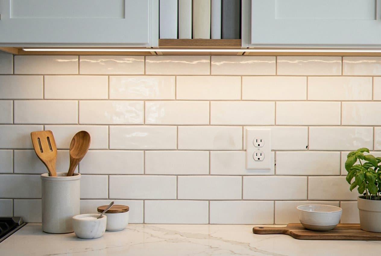 White subway tile backsplash under cabinet lighting