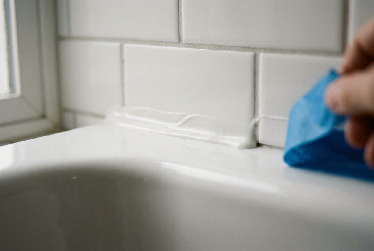 Hand tooling a fresh caulk bead in a tub corner