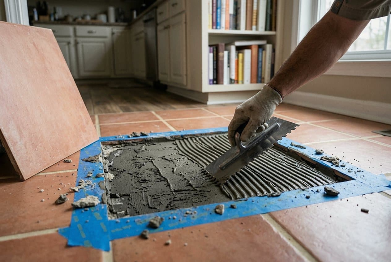 Installer troweling mortar into a patched terracotta tile floor