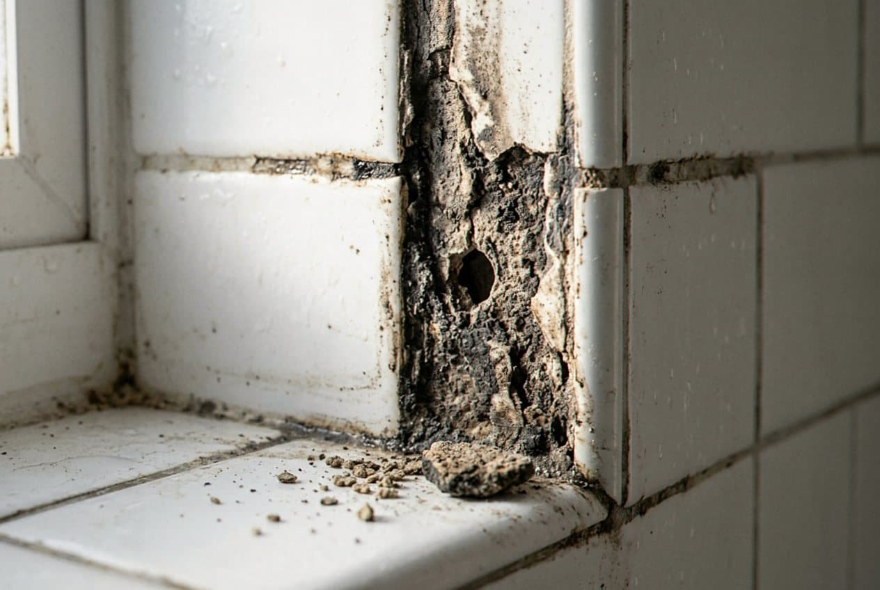 Crumbling grout with a hole in the tile corner
