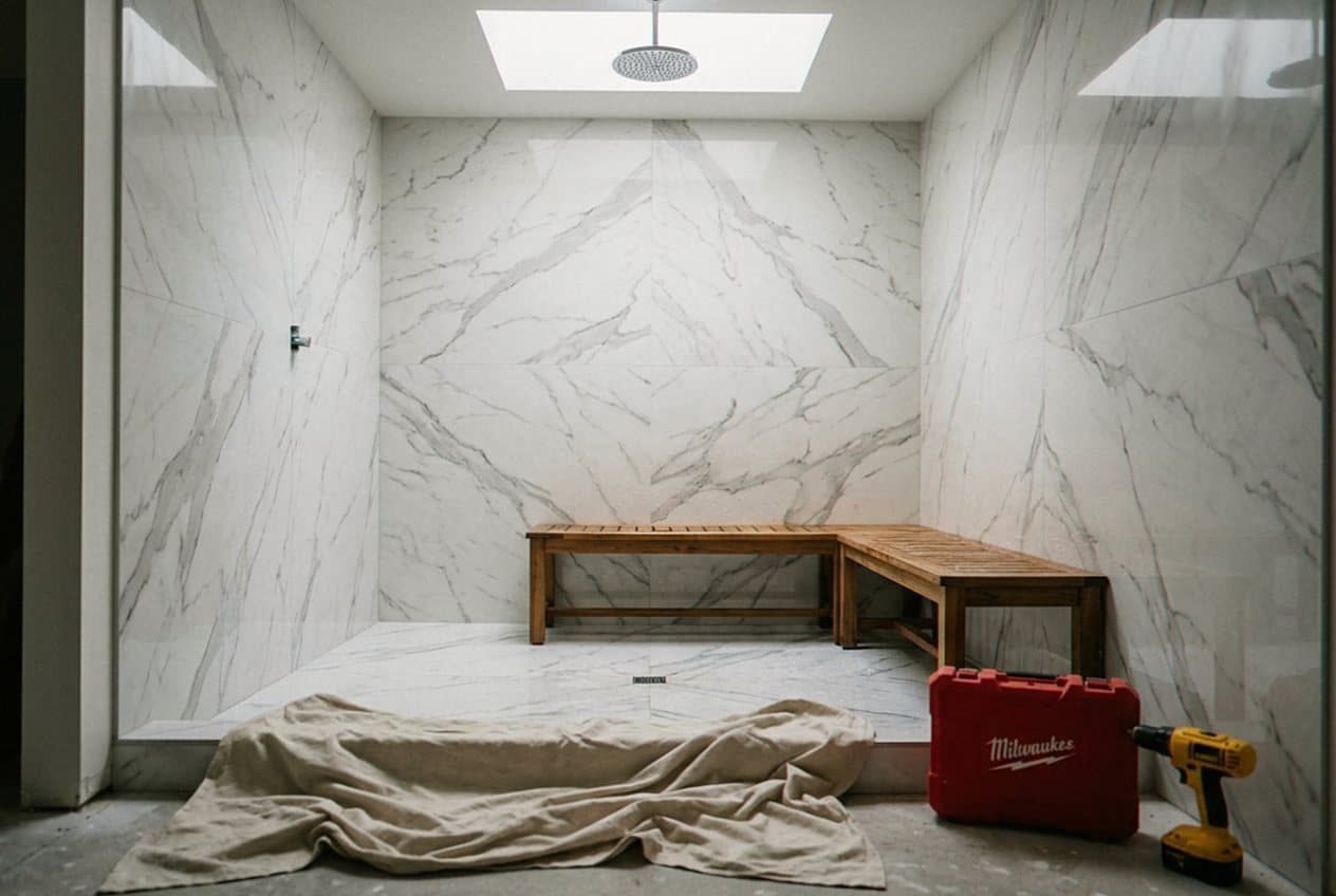 Marble wet room with skylight, teak bench, toolbox