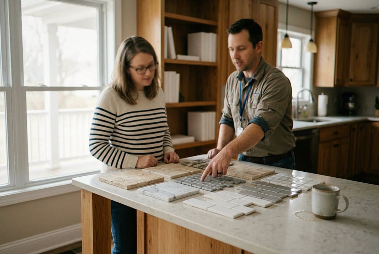 Contractor showing tile samples to a homeowner