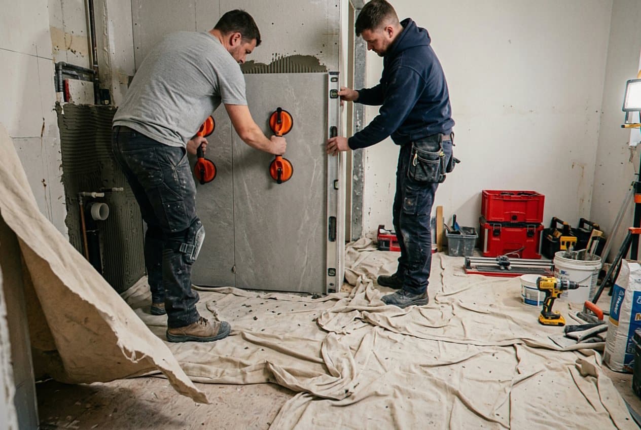 Two installers lifting a large tile panel with suction cups